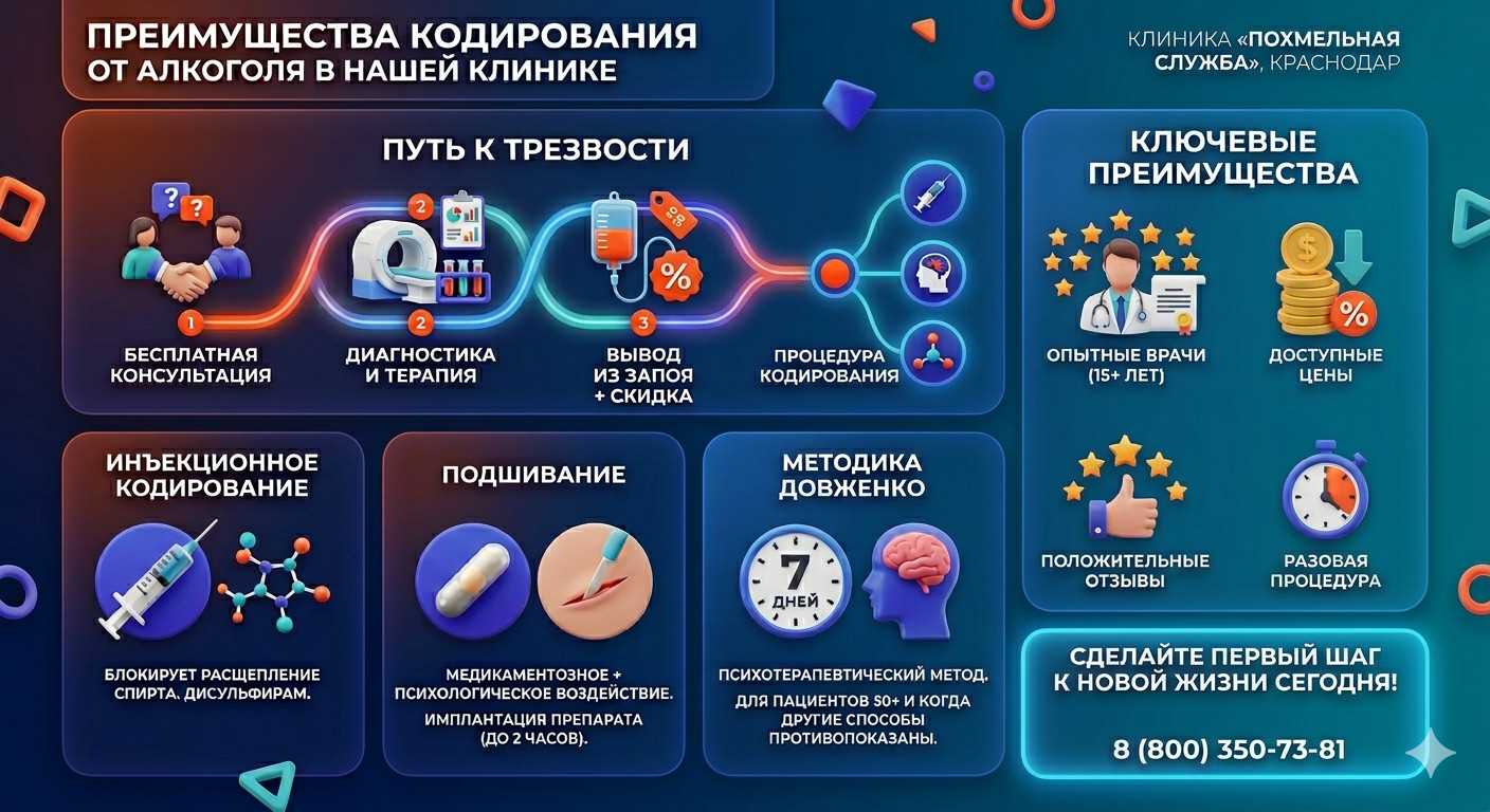 Инфографика о методах кодирования от алкоголя в Тулуне: инъекции, подшивание, метод Довженко. Преимущества клиники и этапы лечения.