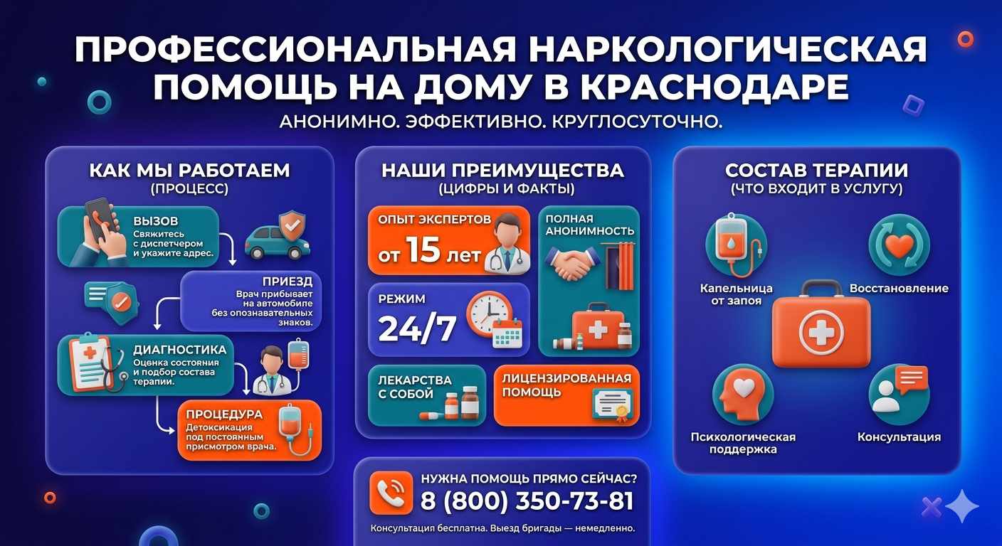 Инфографика о принципах лечения алкоголизма на дому в Тулуне: этапы вызова нарколога, преимущества анонимной детоксикации и состав медицинской помощи.